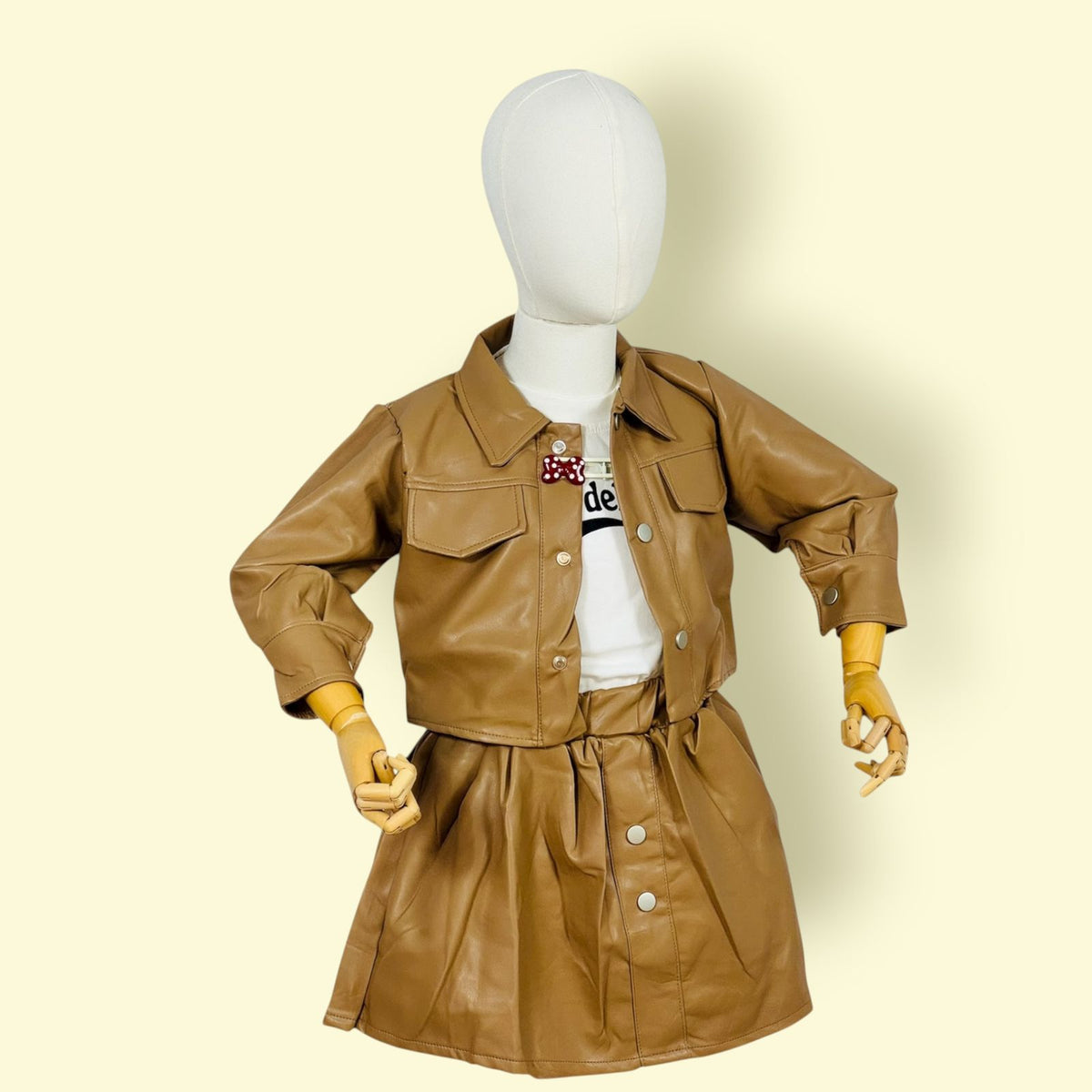 Stylish Girls 3-Piece Set Faux Leather Skirt Set with Jacket & White Top