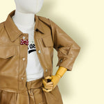 Stylish Girls 3-Piece Set Faux Leather Skirt Set with Jacket & White Top