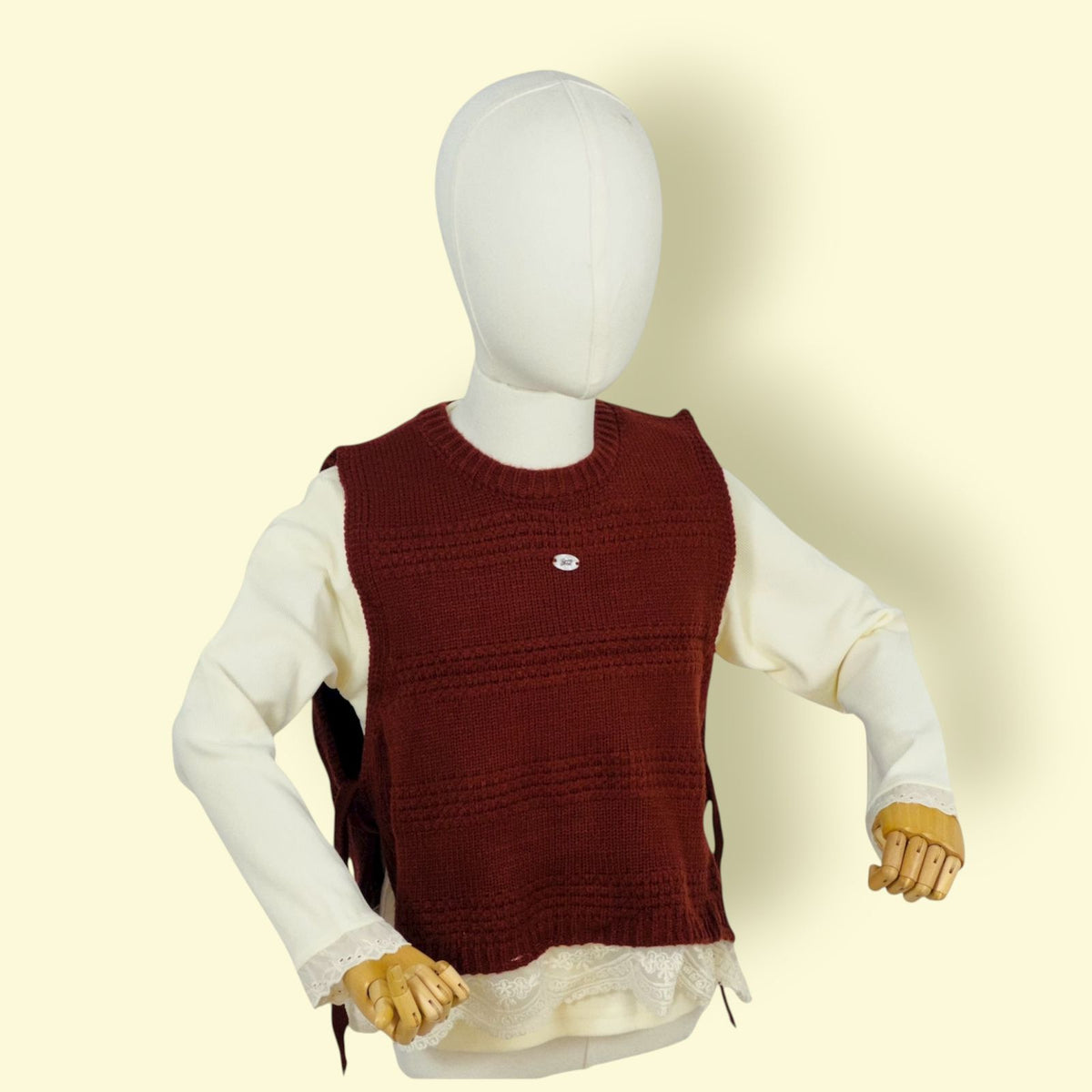2Pc Girls Cream Full Sleeve Top with Maroon Knitted Sweater Vest Set