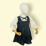 Stylish Girls Grey Layered Frock with Cream Puff Sleeves