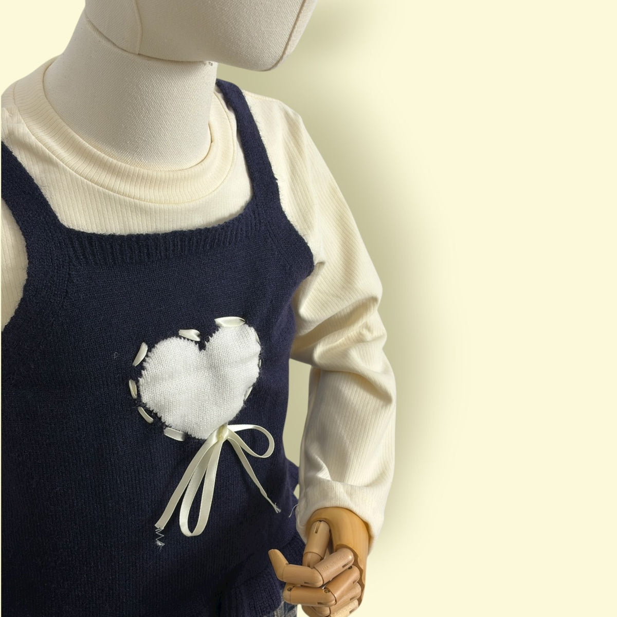 Cute Girls 3-Piece Outfit Set – Cream Top, Check Skirt & Navy Heart Sweater