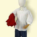 Girls’ Stylish 3-Piece Outfit Set – White Puff Sleeve Top, Red Sweater Vest & Blue Denim Pants