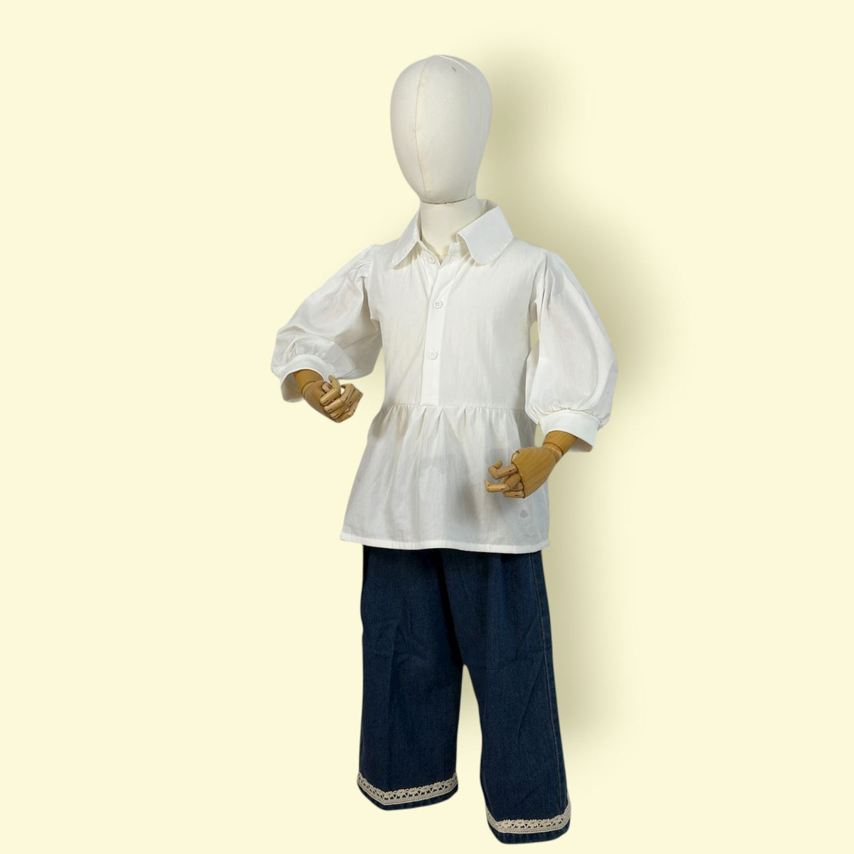 Girls’ Stylish 3-Piece Outfit Set – White Puff Sleeve Top, Red Sweater Vest & Blue Denim Pants