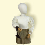 Trendy Girls 3-Piece Olive Printed Skirt Set with Puff Sleeve Top and Stylish Vest