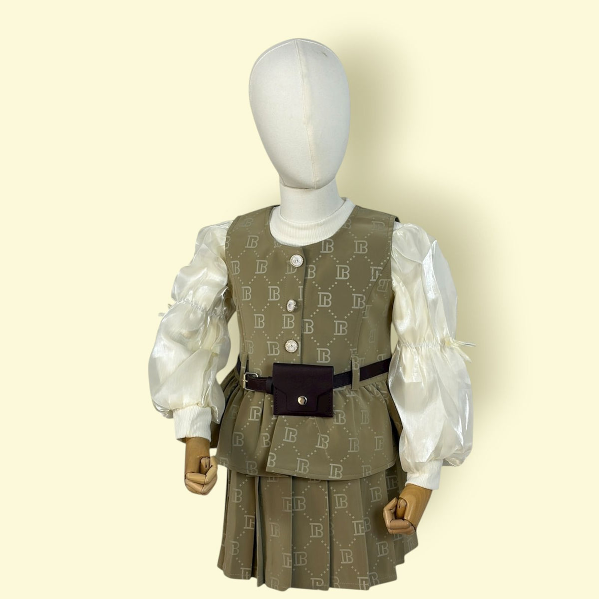 Trendy Girls 3-Piece Olive Printed Skirt Set with Puff Sleeve Top and Stylish Vest