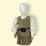 Trendy Girls 3-Piece Olive Printed Skirt Set with Puff Sleeve Top and Stylish Vest