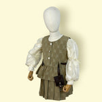 Trendy Girls 3-Piece Olive Printed Skirt Set with Puff Sleeve Top and Stylish Vest