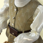 Trendy Girls 3-Piece Olive Printed Skirt Set with Puff Sleeve Top and Stylish Vest