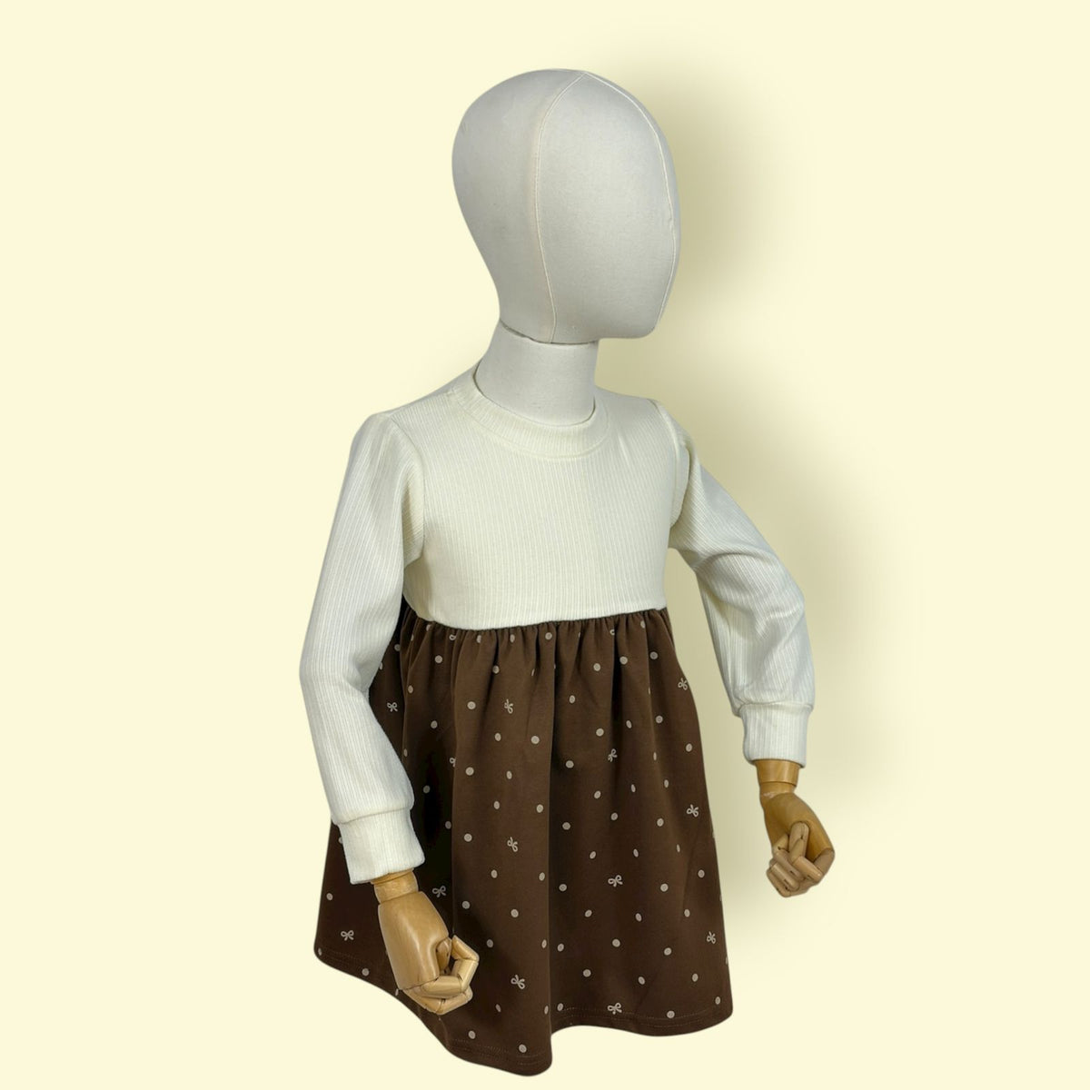 Brown Polka Dot 2-Piece Dress Set for Girls | Long Sleeve Top & Sleeveless Outer Dress