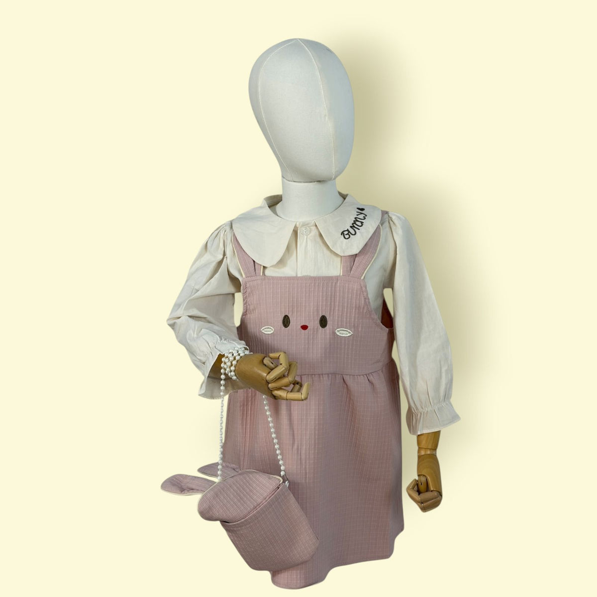 Cute Girls 3-Piece Pink Pinafore Dress Set with White Shirt and Matching Bag