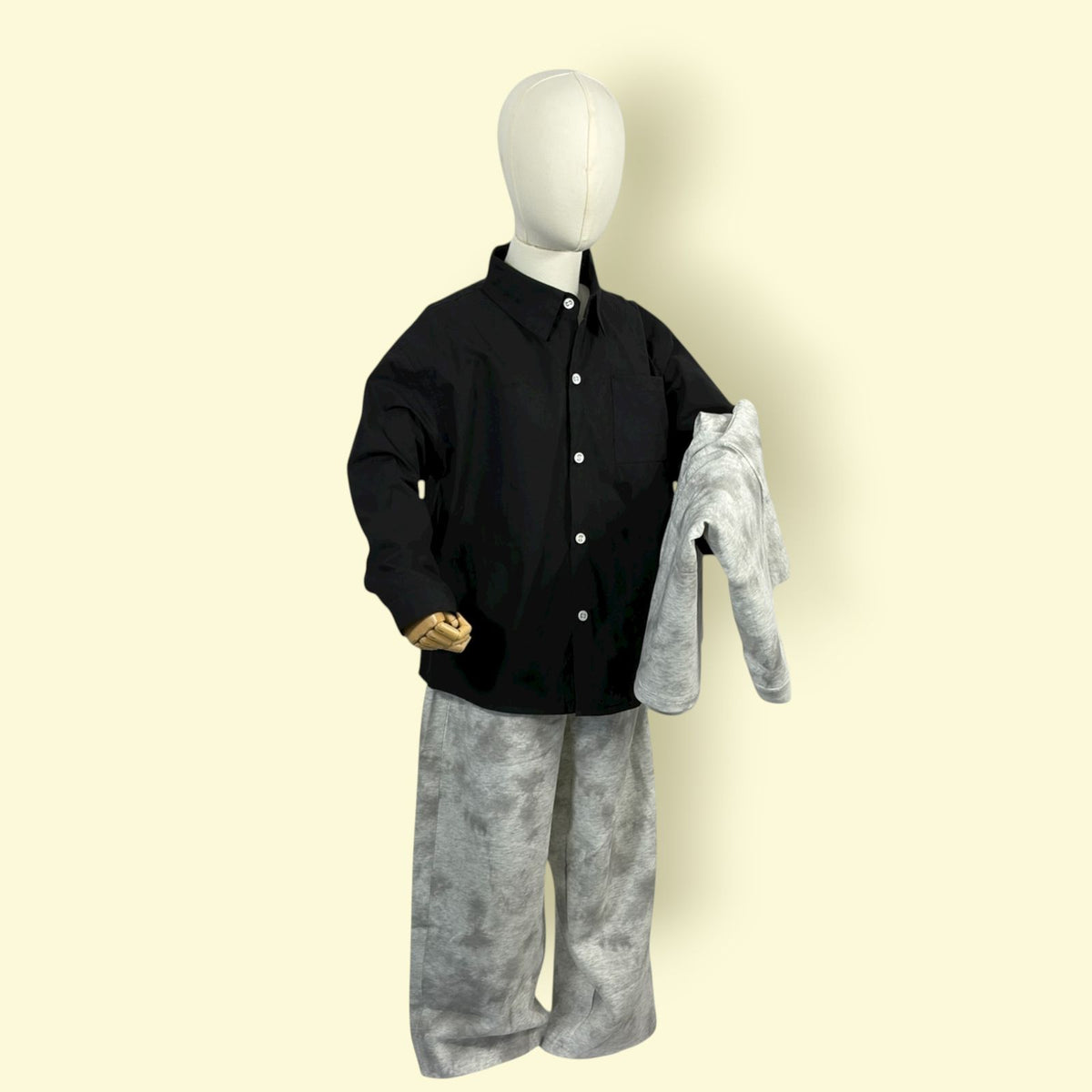 Stylish 3-Piece Unisex Outfit Set | Kids Streetwear Fashion – Black Shirt, Printed Grey Top & Loose Pants