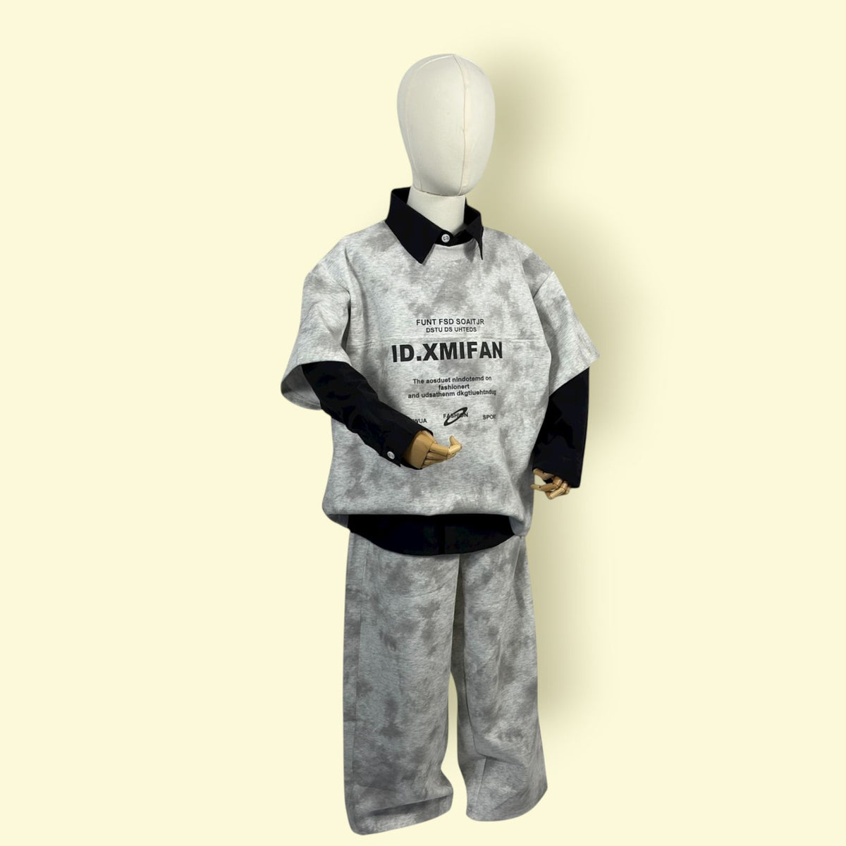 Stylish 3-Piece Unisex Outfit Set | Kids Streetwear Fashion – Black Shirt, Printed Grey Top & Loose Pants