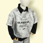 Stylish 3-Piece Unisex Outfit Set | Kids Streetwear Fashion – Black Shirt, Printed Grey Top & Loose Pants