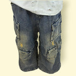 Elastic-Waist Unisex Denim Cargo Pant with Multiple Pockets – Distressed Loose Fit Jeans