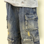 Elastic-Waist Unisex Denim Cargo Pant with Multiple Pockets – Distressed Loose Fit Jeans