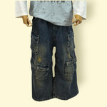 Elastic-Waist Unisex Denim Cargo Pant with Multiple Pockets – Distressed Loose Fit Jeans