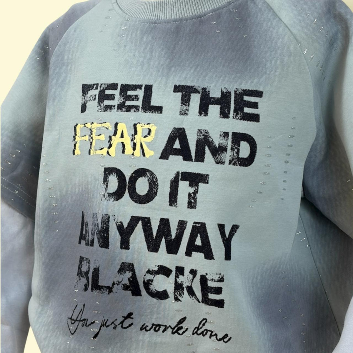 Kids Blue “Feel the Fear” Printed Oversized Sweatshirt – Trendy Casual Streetwear