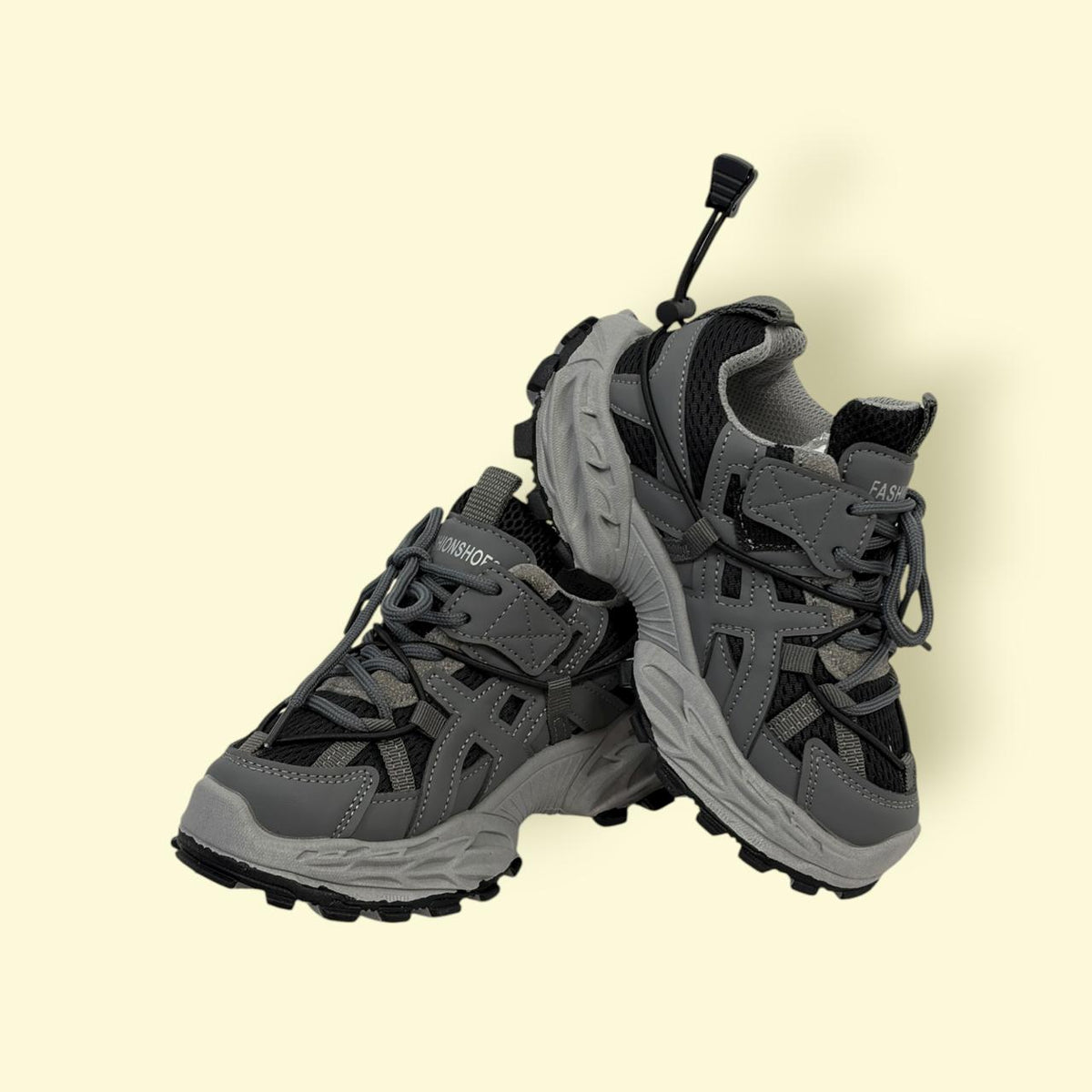 Kids Grey & Black Rugged Sports Sneakers | Heavy-Duty Outdoor Shoes | With Lays & Sticker