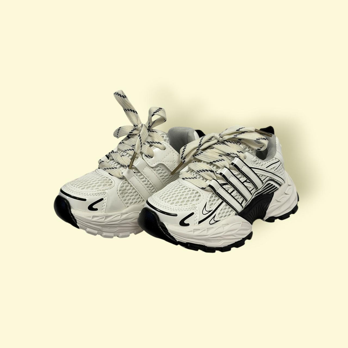 Kids White & Black Mesh Sports Sneakers | Lightweight & Breathable | With Lays & Sticker