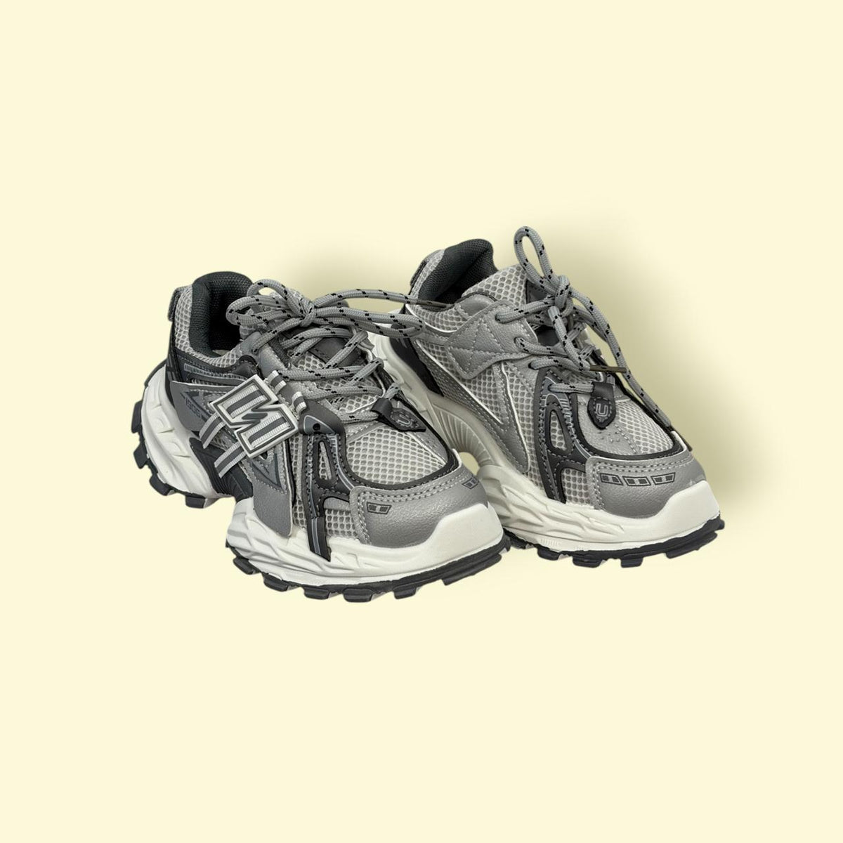 Kids Grey Chunky Sports Sneakers – Breathable Mesh | Rugged Grip Sole | Lace & Sticker Option