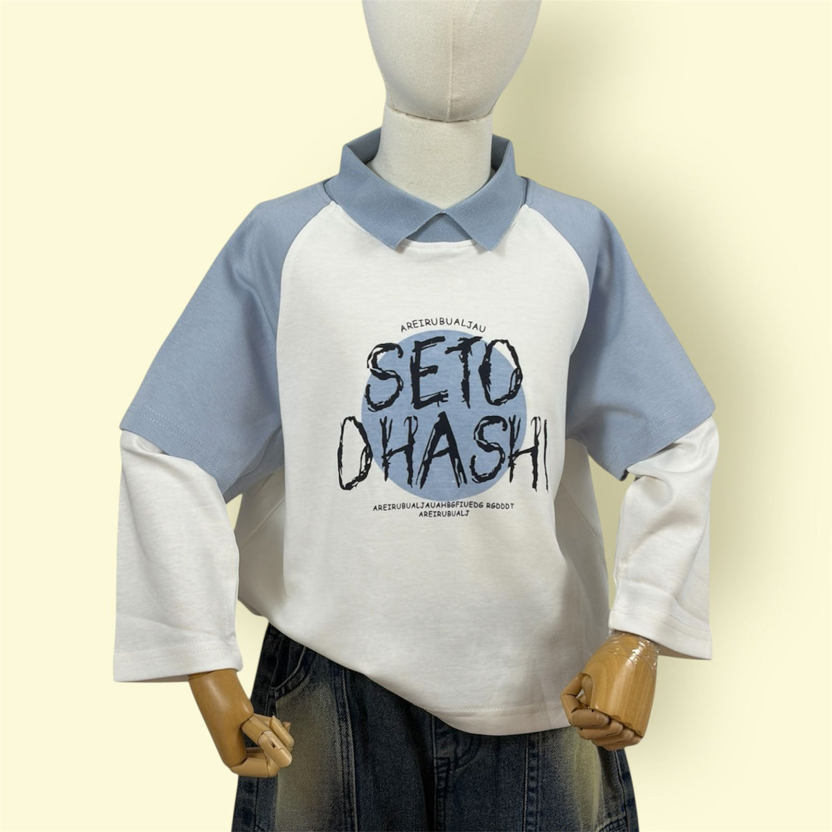 Boys Stylish Collared Layered Long Sleeve T-Shirt – Blue & White “SETO OHASHI” Printed Top 