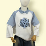 Boys Stylish Collared Layered Long Sleeve T-Shirt – Blue & White “SETO OHASHI” Printed Top 