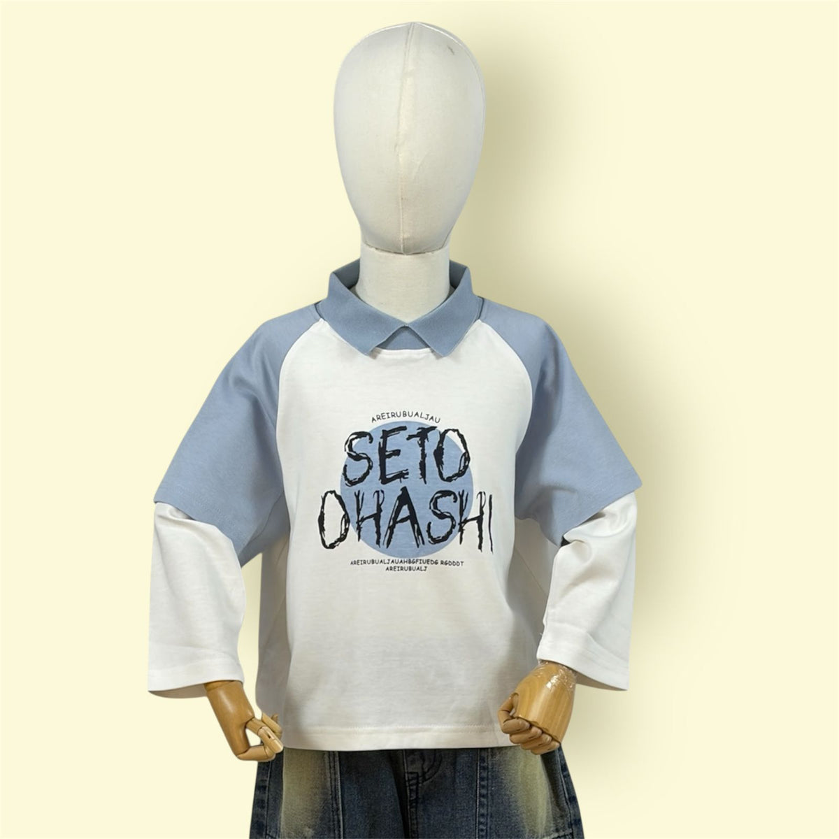 Boys Stylish Collared Layered Long Sleeve T-Shirt – Blue & White “SETO OHASHI” Printed Top 