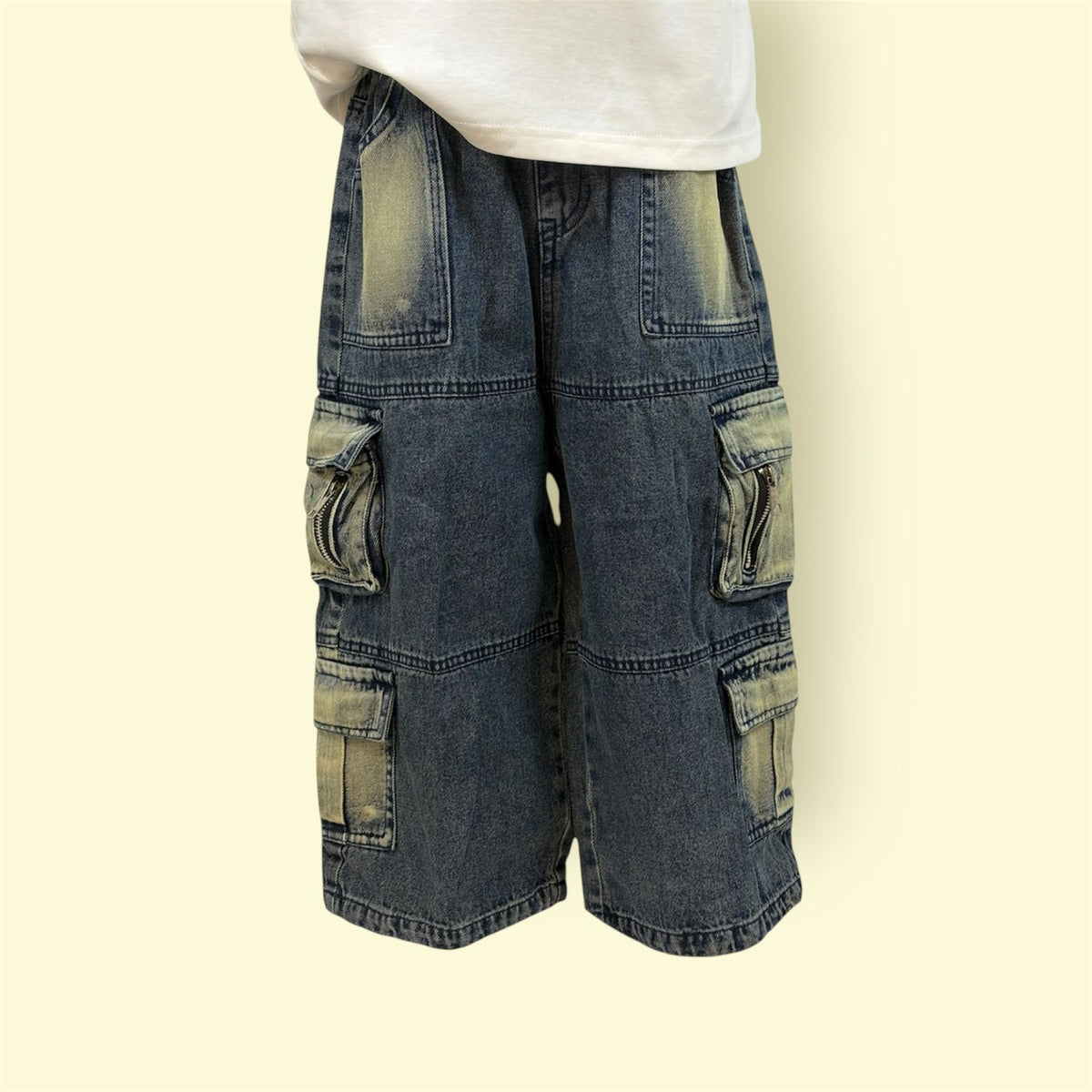 Boys Elastic Waist Cargo Jeans – Multi Pocket Denim Pants with Washed Look