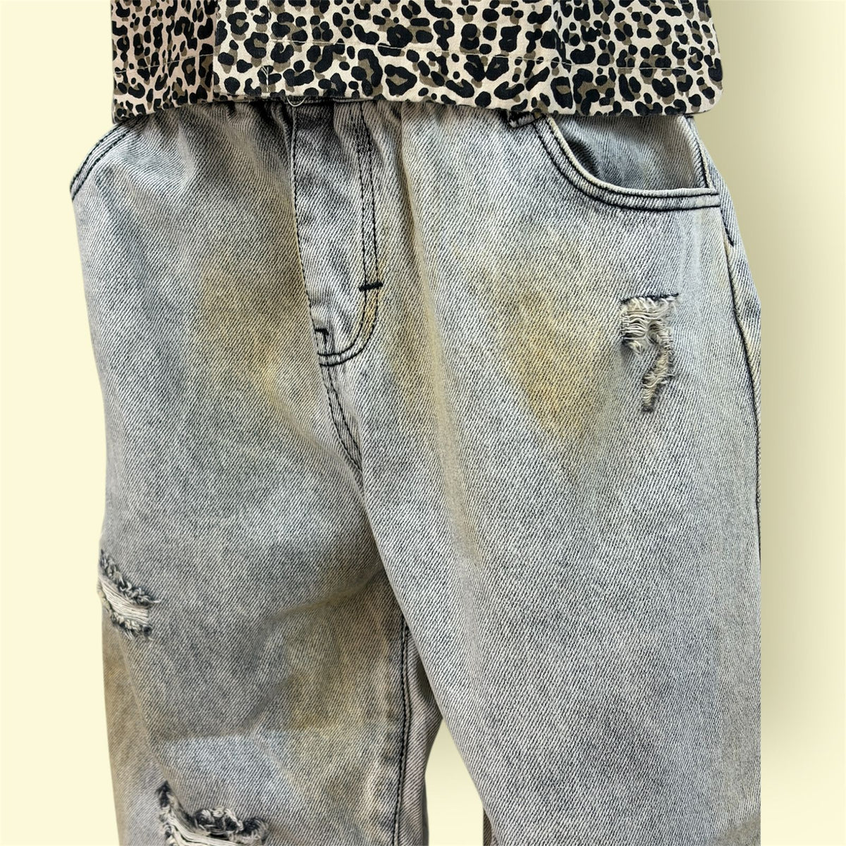 Kids Distressed Denim Jeans with Elastic Waist and Washed Look