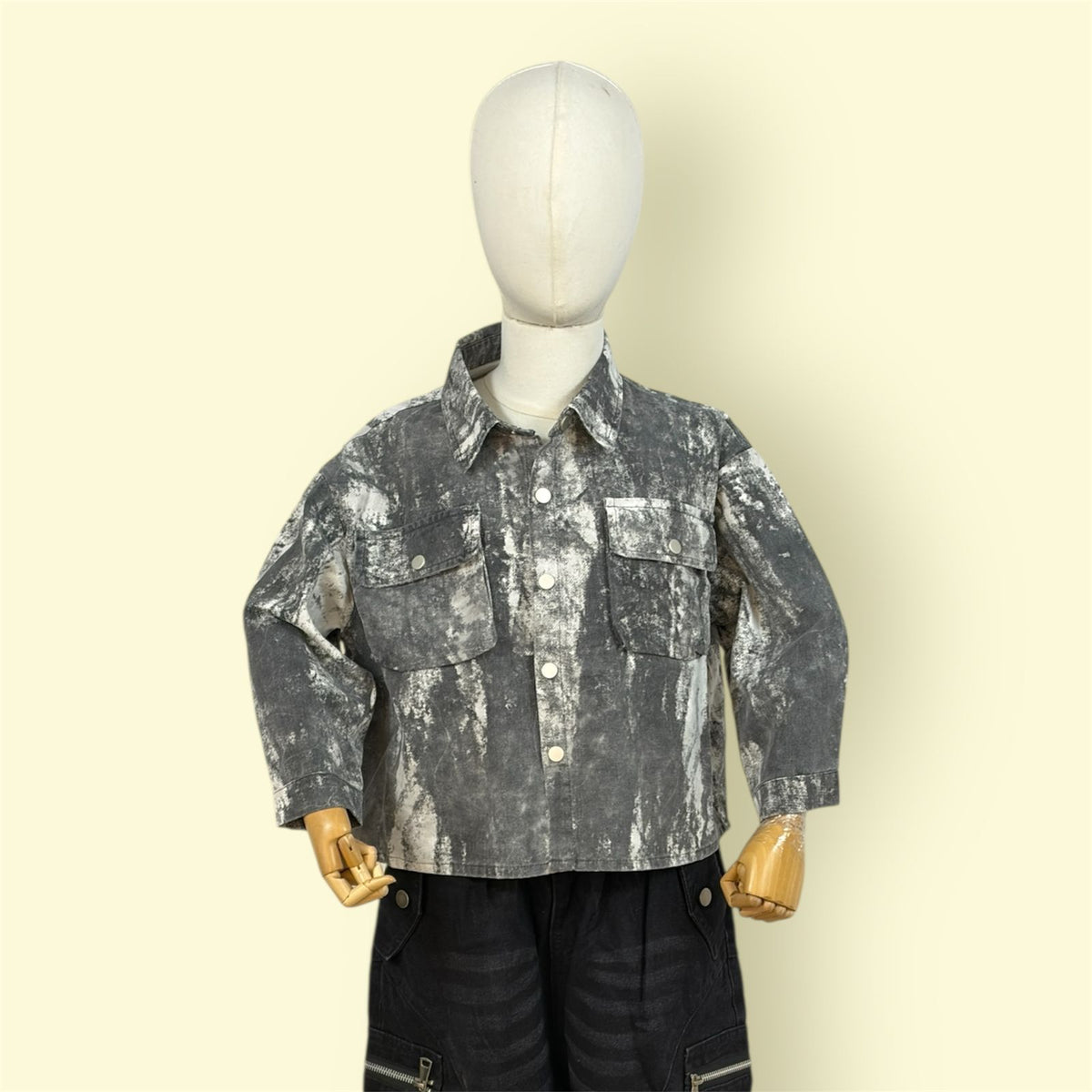 Kids Grey Tie-Dye Denim Shirt with Front Pockets