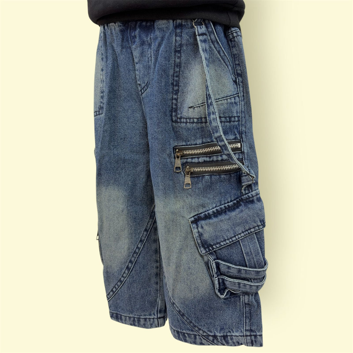 Kids Blue Denim Cargo Pant with Elastic Waist and Zipper Pockets
