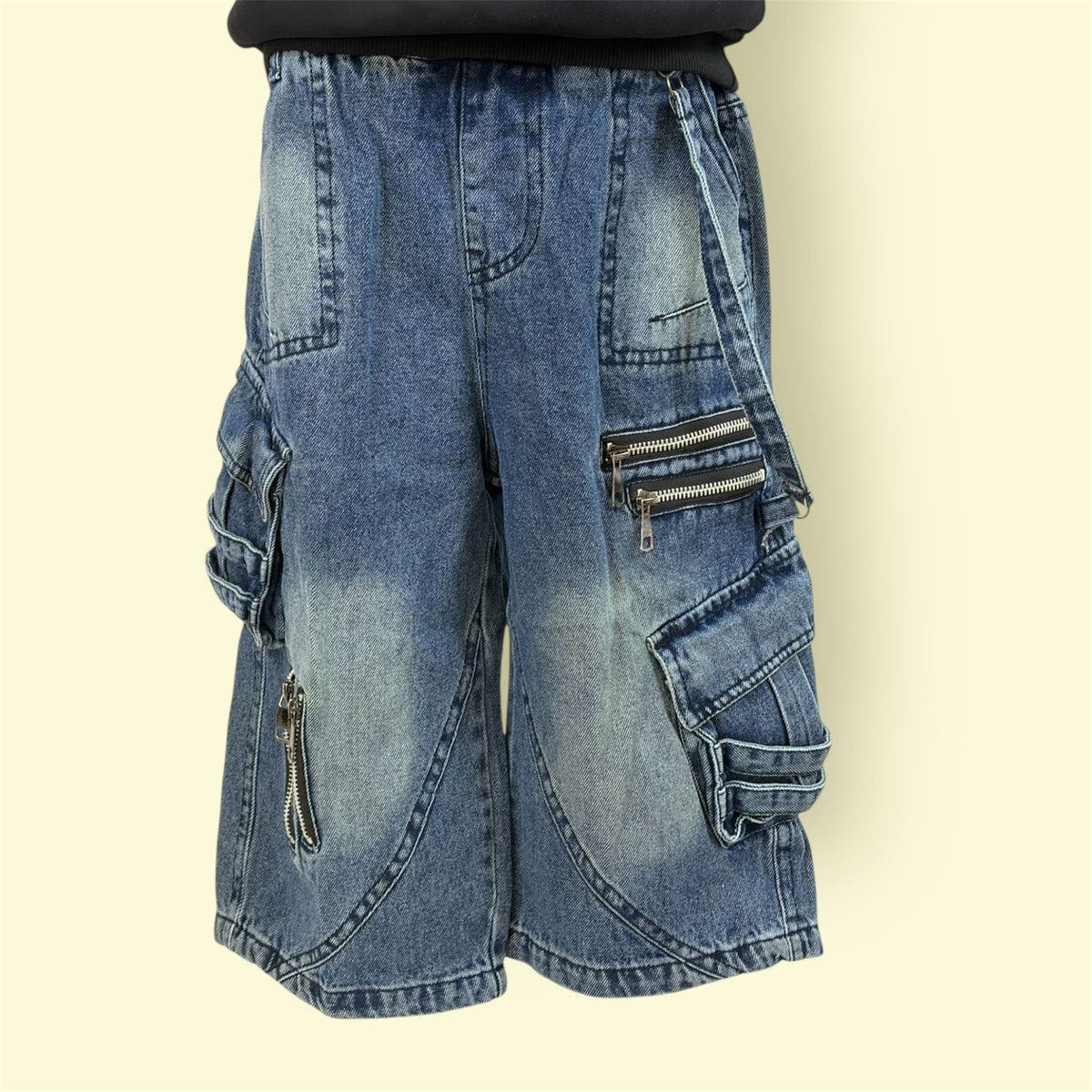 Kids Blue Denim Cargo Pant with Elastic Waist and Zipper Pockets