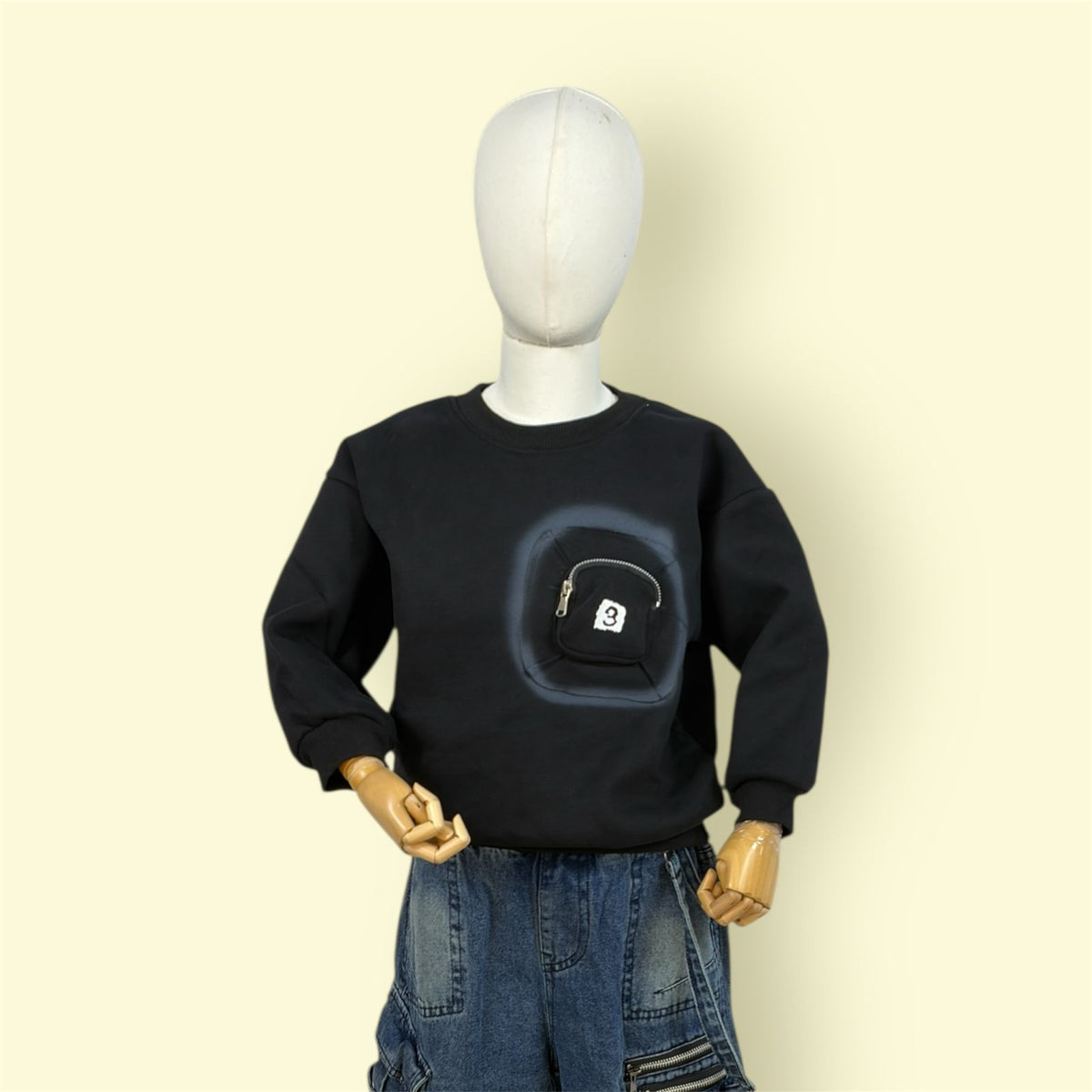 Kids Black Sweatshirt with Front Zipper Pocket Design