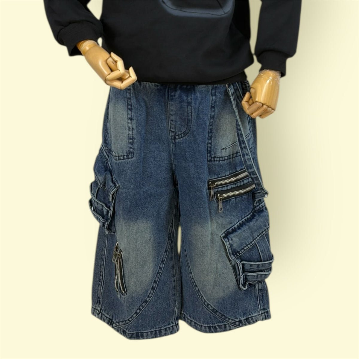 Kids Blue Denim Cargo Pant with Elastic Waist and Zipper Pockets