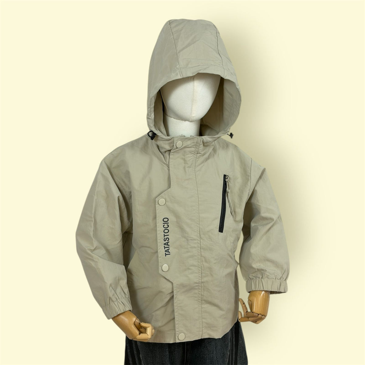 Kids Beige Hooded Jacket with Front Zip and Pocket Detail