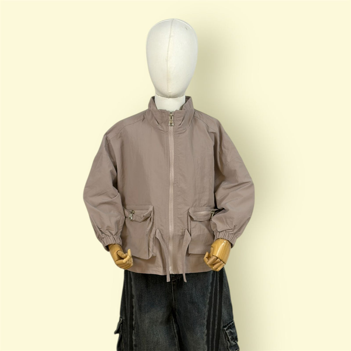 Kids Beige Zipper Jacket with Front Pockets and Elastic Cuffs