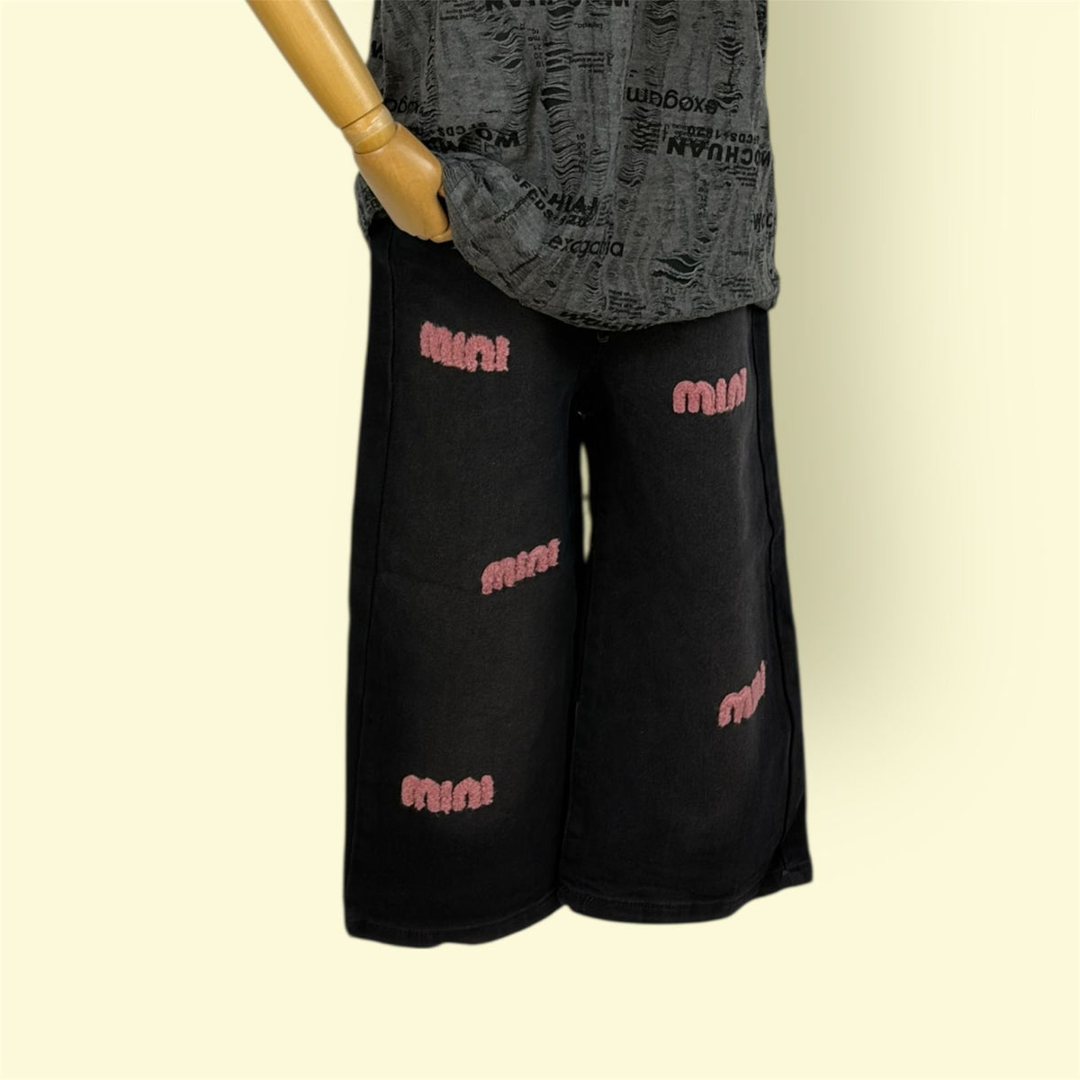 Kids Black Wide-Leg Pants with Pink Embroidery | Soft Denim Elastic Waist Trousers for Girls
