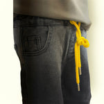 Stylish Elastic Waist Black Kids Jeans with Yellow Drawstring | Trendy Casual Denim Pants for Boys & Girls