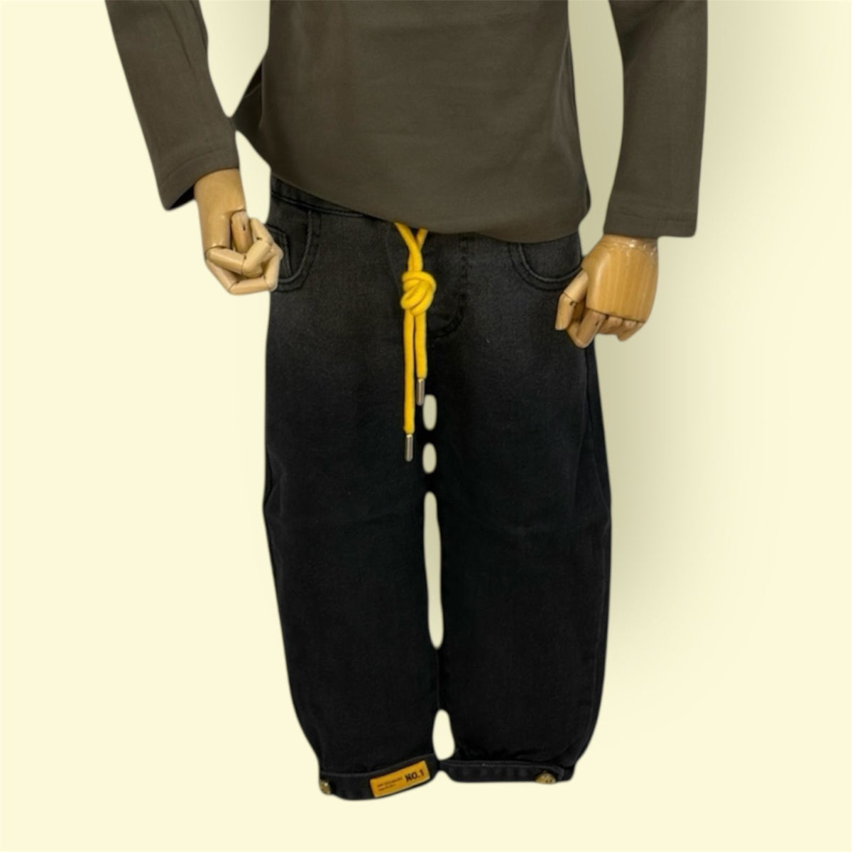 Stylish Elastic Waist Black Kids Jeans with Yellow Drawstring | Trendy Casual Denim Pants for Boys & Girls