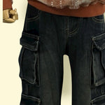 Vintage Elastic-Waist Denim Cargo Jeans β Multi-Pocket Streetwear Pants