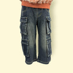Vintage Elastic-Waist Denim Cargo Jeans β Multi-Pocket Streetwear Pants