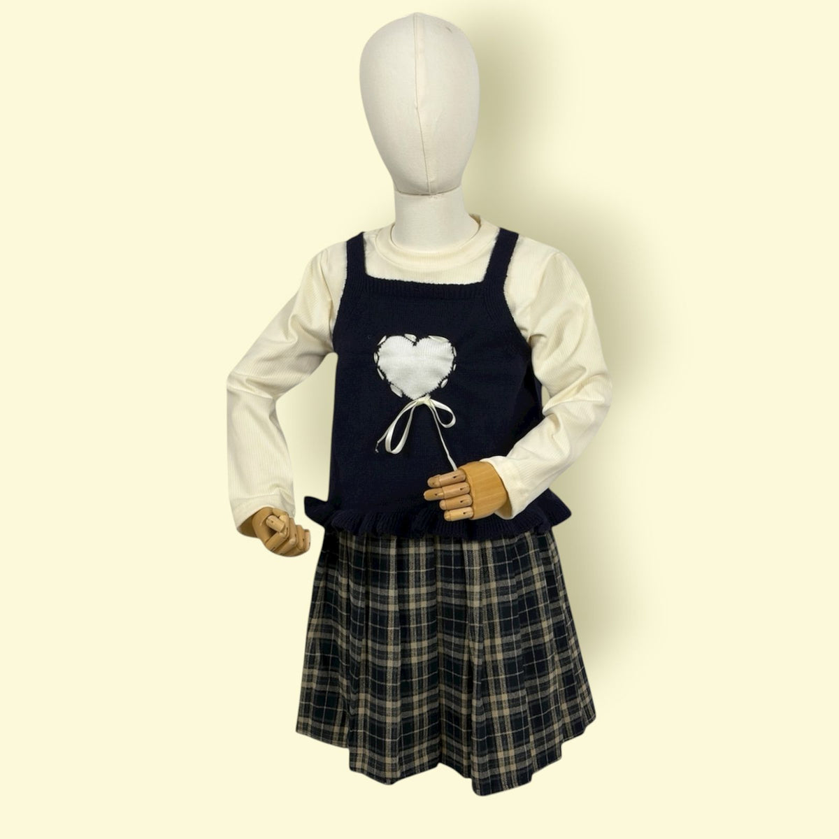 Cute Girls 3-Piece Outfit Set – Cream Top, Check Skirt & Navy Heart Sweater