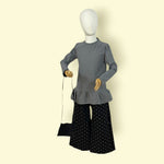 Stylish Girls 3-Piece Set – Grey Frill Top, Polka Dot Wide Pants & Black Leather Jacket