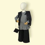Stylish Girls 3-Piece Set – Grey Frill Top, Polka Dot Wide Pants & Black Leather Jacket