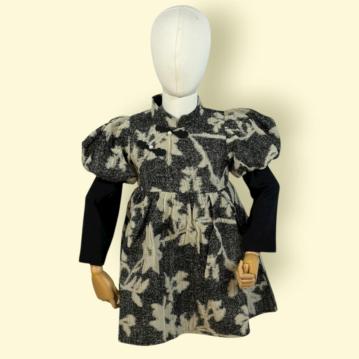 Elegant Black & Beige Puff-Sleeve Printed Frock