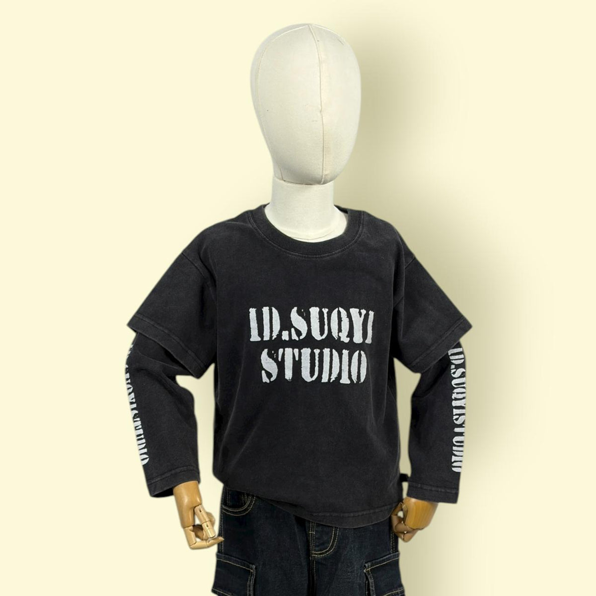 Trendy Unisex Black Layered Sleeve T-Shirt – ID.SUQYI STUDIO Printed Cotton Top