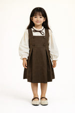Stylish Girls Brown Layered Frock with Cream Puff Sleeves