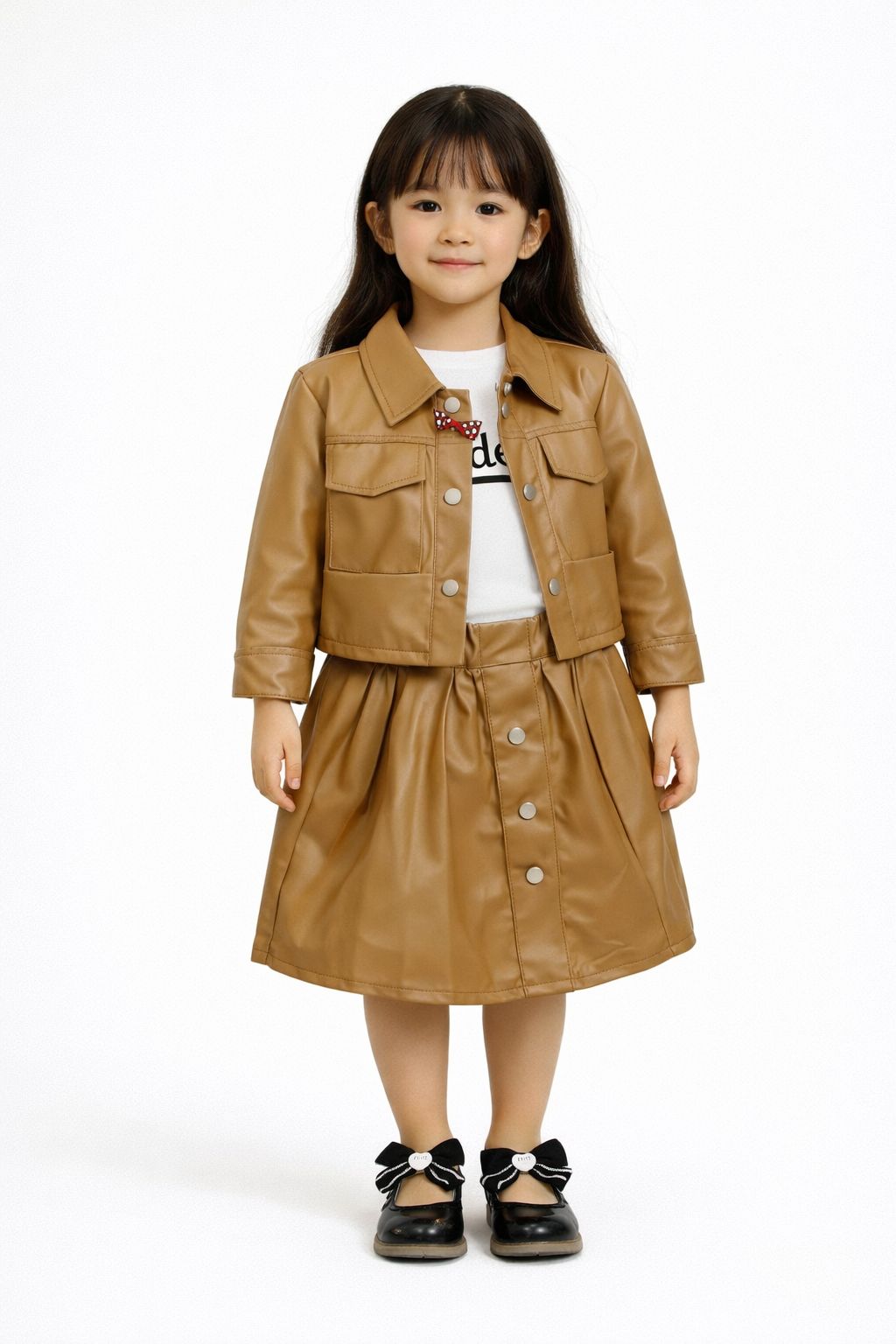 Stylish Girls 3-Piece Set Faux Leather Skirt Set with Jacket & White Top