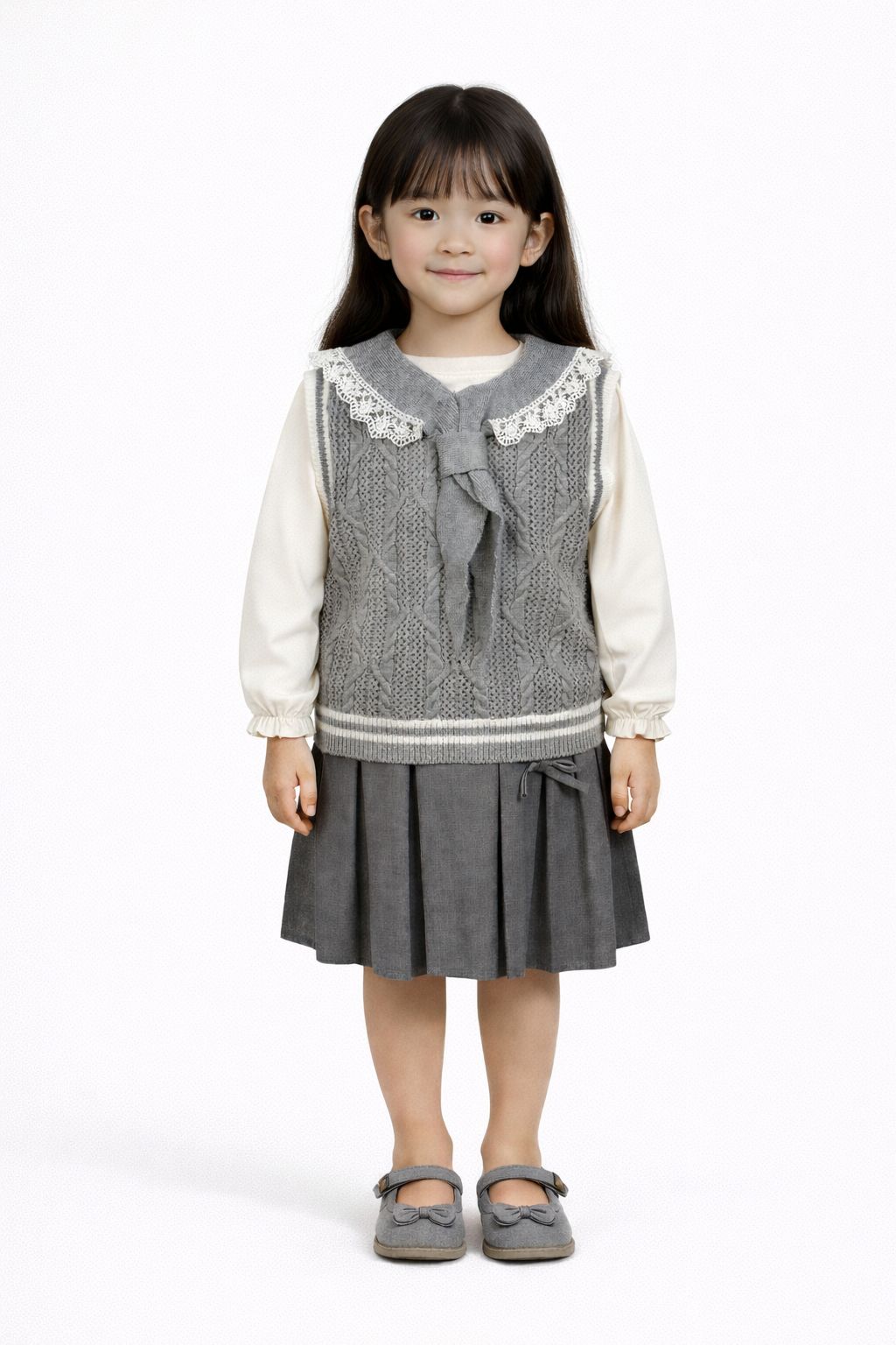 3Pc Girls’ Grey Pleated Skirt & Cream Top with Knitted Lace Vest Set