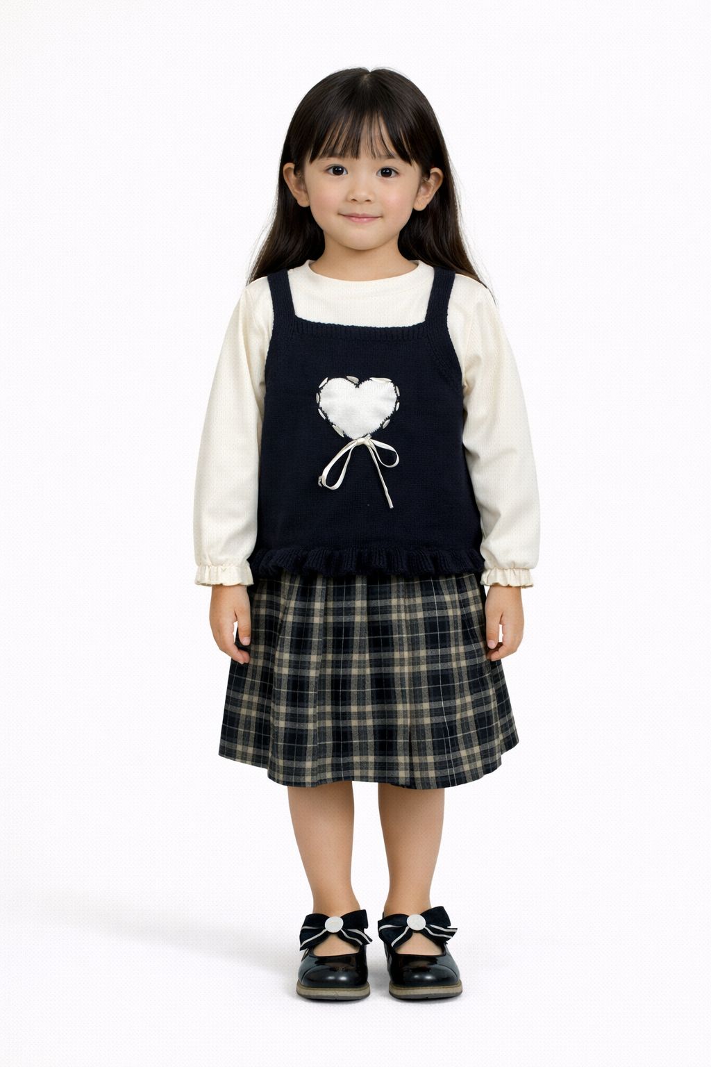 Cute Girls 3-Piece Outfit Set – Cream Top, Check Skirt & Navy Heart Sweater